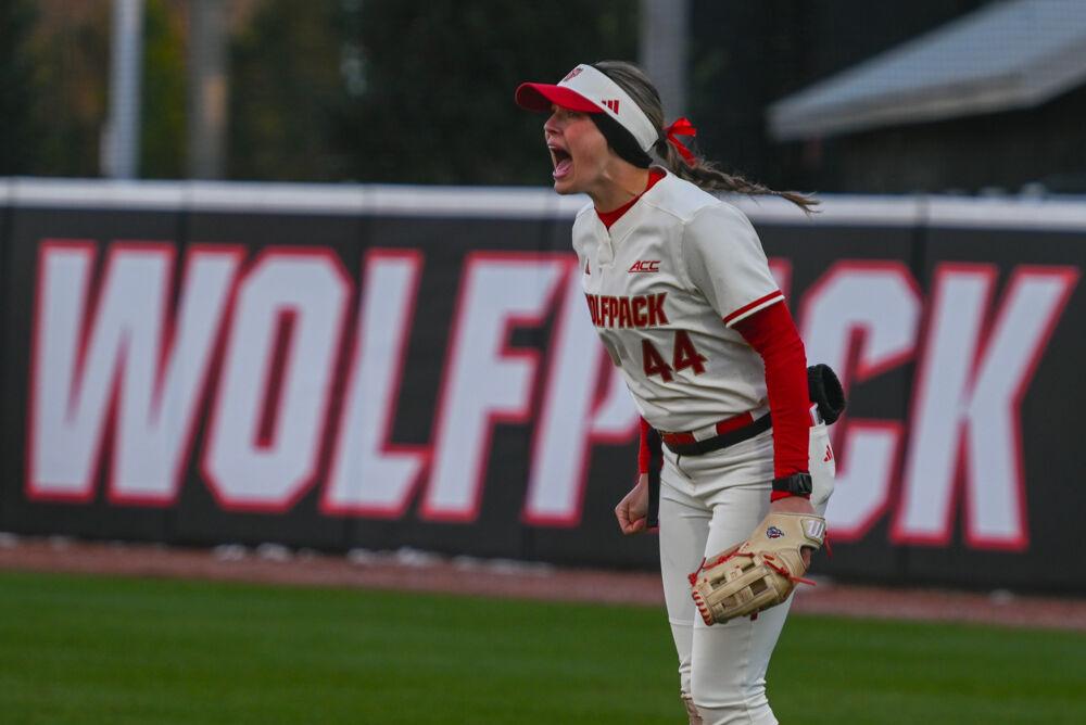 Senior infielder Taylor Ensley celebrates a strikeout during the game against Northern Colorado in the Marucci Classic at Dail Softball Stadium on Friday, Feb. 21, 2025. Ensley scored two runs for the team. The Wolfpack defeated the Bears 11-1.
