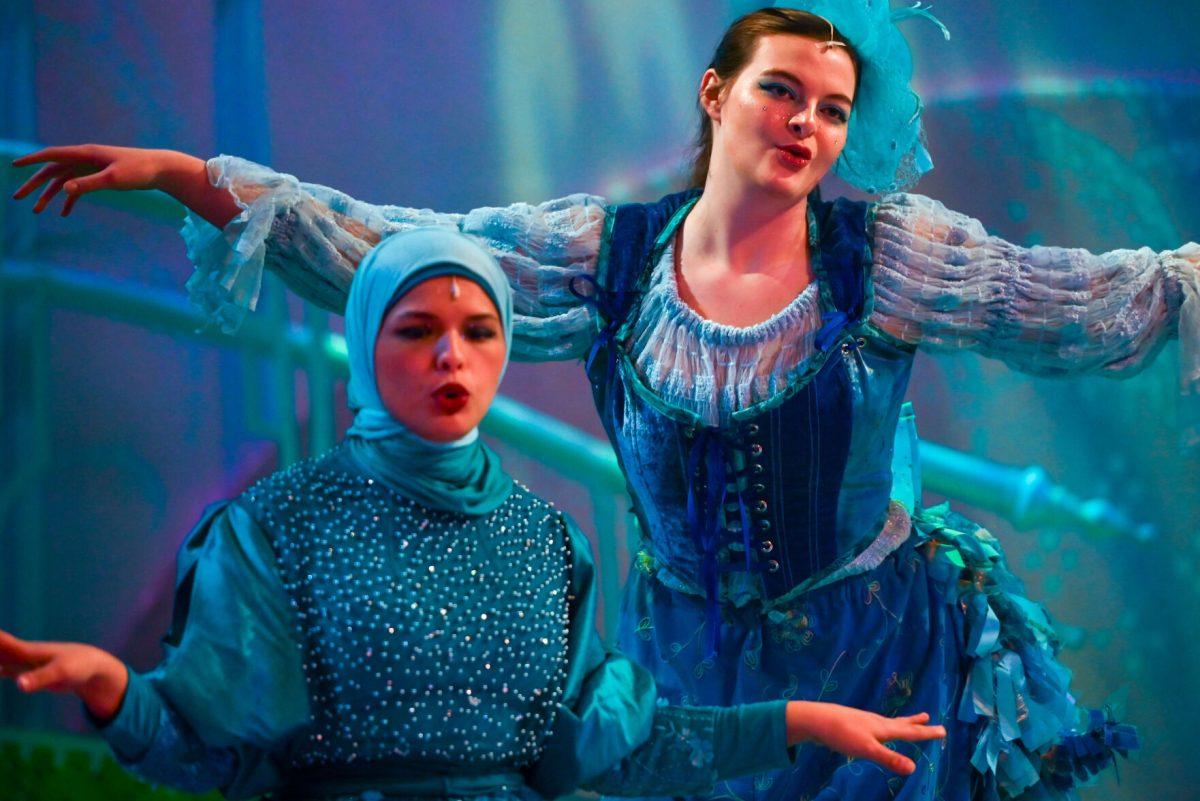 Eyman Sakr, a second-year studying communications, and Kira Britt, a third-year studying communications, perform as bird girls during "Seussical" in Stewart Theater on Tuesday, Feb. 18, 2025. "Seussical" is runs from Feb. 20-23. The performance explores popular characters by popular children's book writer, Dr. Seuss.