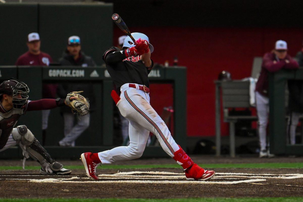 Sophomore infielder Luke Nixon swings during the game against Fordham on Feb. 15, 2025 at Doak Field at Dail Park. Nixon scored two runs and had one hit. The Wolfpack defeated the Rams 19-6.