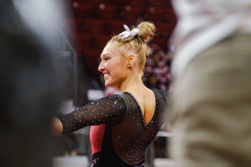 Graduate Krista Zultevicz performs her floor exercise routine during the meet against UNC-Chapel Hill&#160;at Reynolds Coliseum on Friday, Feb. 21, 2025. Zultevicz scored a 9.75 on the floor exercise. NC State beat UNC 197.025-195.500.