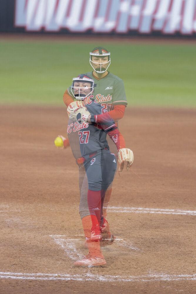 Sophomore pitcher Carly Maxton prepares her pitch during the game against Central Michigan at Dail Softball Stadium on Saturday, Feb. 22, 2025. NC State defeated Central Michigan 6-5.