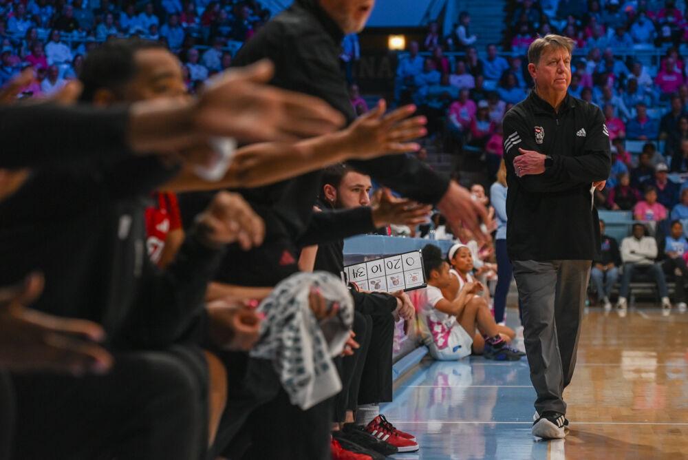 Head coach Wes Moore watches as the team plays during the game against UNC-Chapel Hill in Carmicheal Arena on Sunday, Feb. 16, 2025. NC State lost to Chapel Hill 66-65.