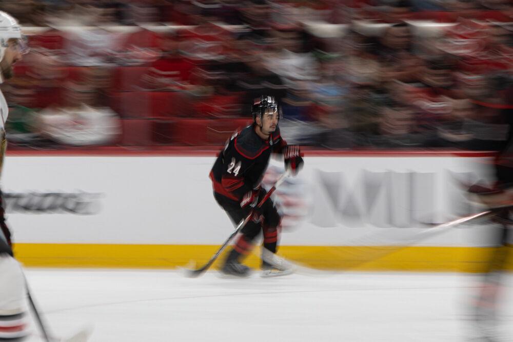 Center Seth Jarvis rushes across the ice during the game versus the Chicago Blackhawks at the Lenovo Center on Thursday, Jan 30, 2025. The Hurricanes beat the Blackhawks 3-2.