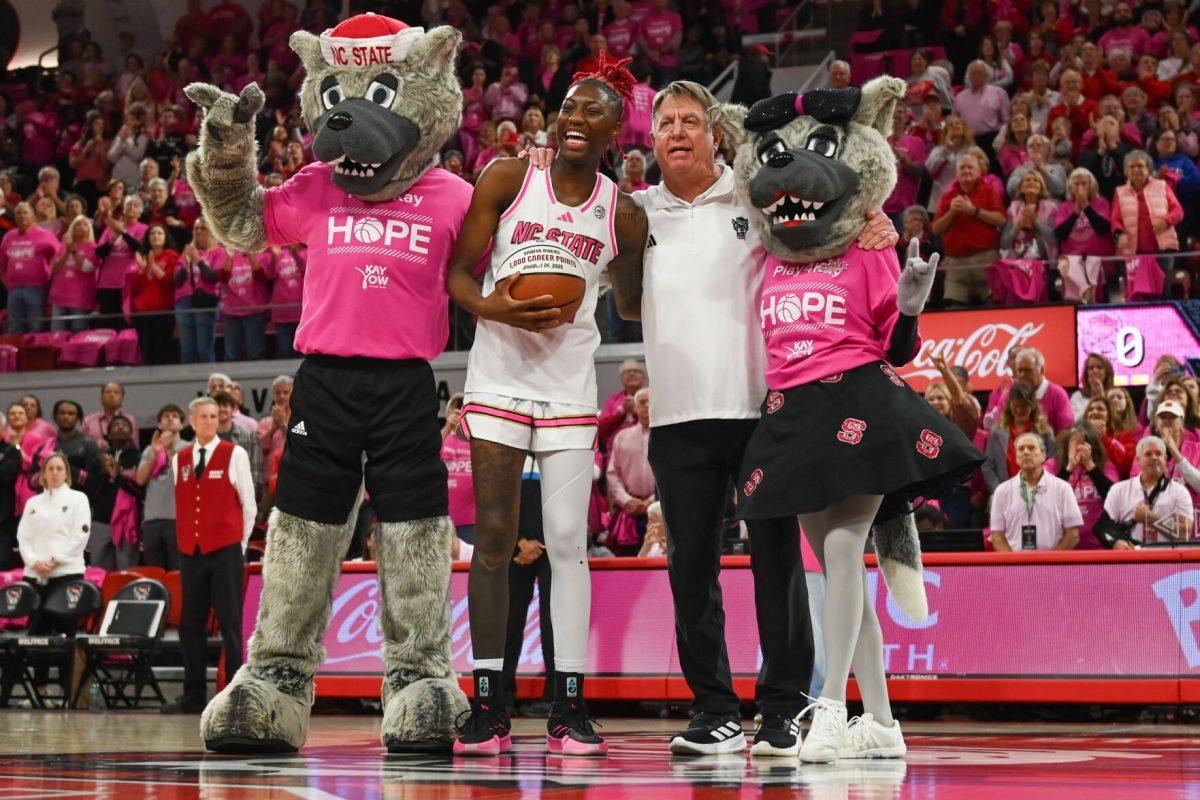 Senior guard Saniya Rivers is commemorated for hitting 1,000 career points before the game against Duke in Reynolds Coliseum on Feb. 3, 2025.
