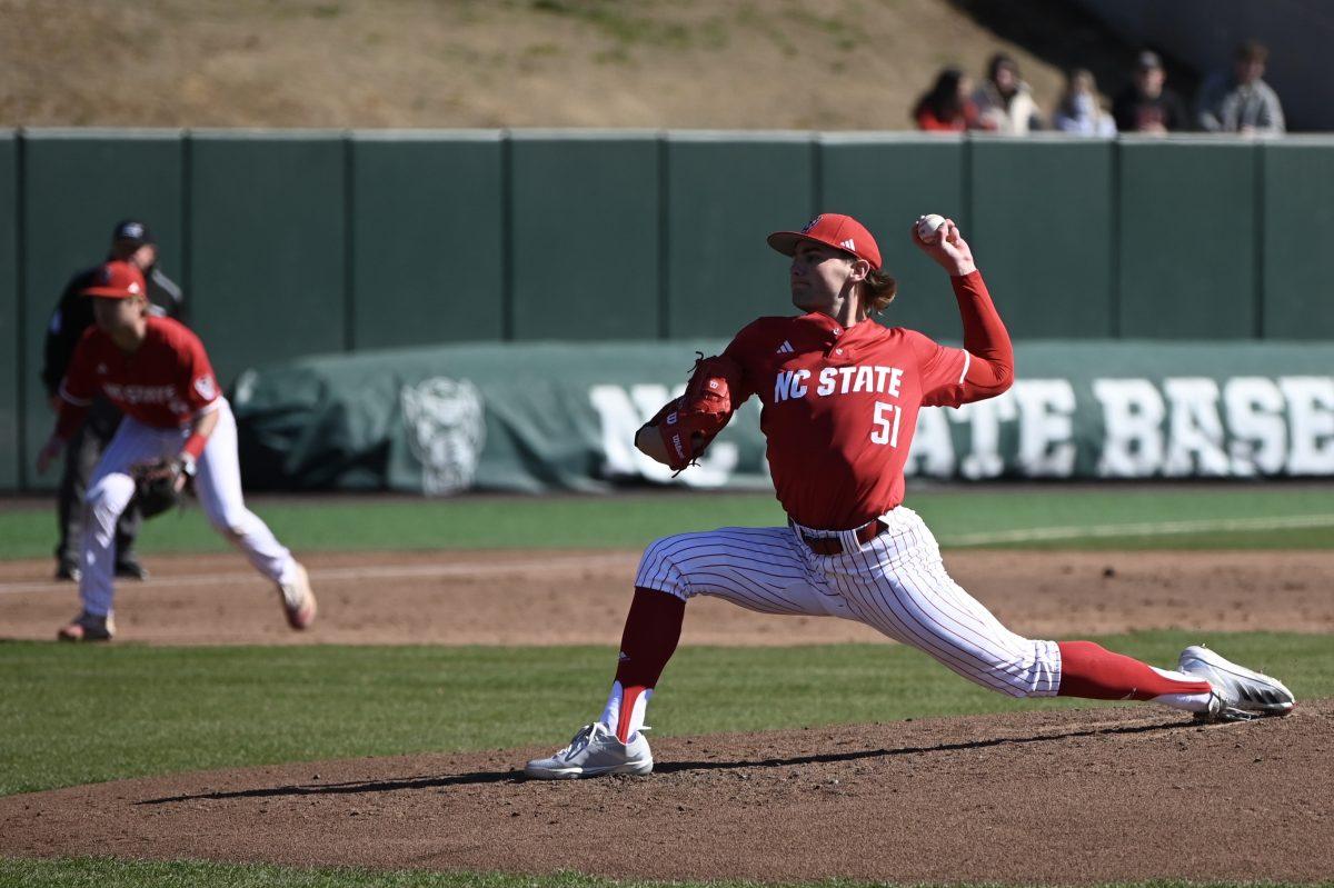 Junior pitcher Dominic Fritton pitches during NC State's opening day game against Fordham on Doak Field at Dail Park on Friday, Feb. 14, 2025. The Wolfpack defeated the Rams 11-1 via mercy rule to take game one.