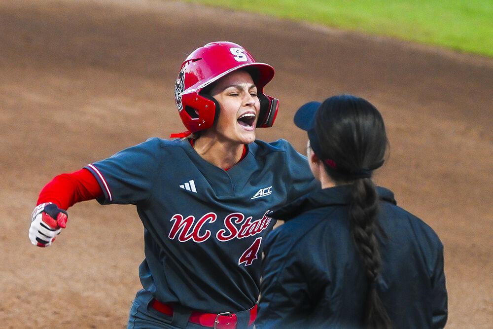 Sophomore outfielder Tori Ensley celebrates her hit during the game against UNC-Wilmington at Dail Softball Stadium on Friday, Feb. 28, 2025. Ensley had one hit. NC State lost to UNC-Wilmington 5-4.