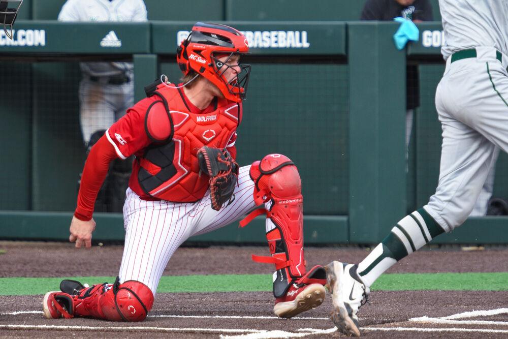 Sophomore catcher Alex Sosa hypes up the pitcher after a strikeout during the game against Wright State on Doak Field at Dail Park&#160;on Friday, March 7, 2025. Sosa was walked three times. NC State won against Wright State 6-4.