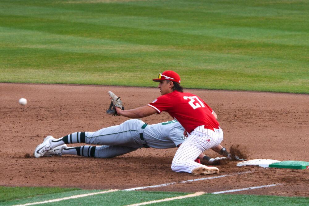 Sophomore infielder Chris McHugh catches a ball thrown to first during the game against Wright State on Doak Field at Dail Park on Friday, March 7, 2025. McHugh scored one of the six runs scored. NC State won against Wright State 6-4.