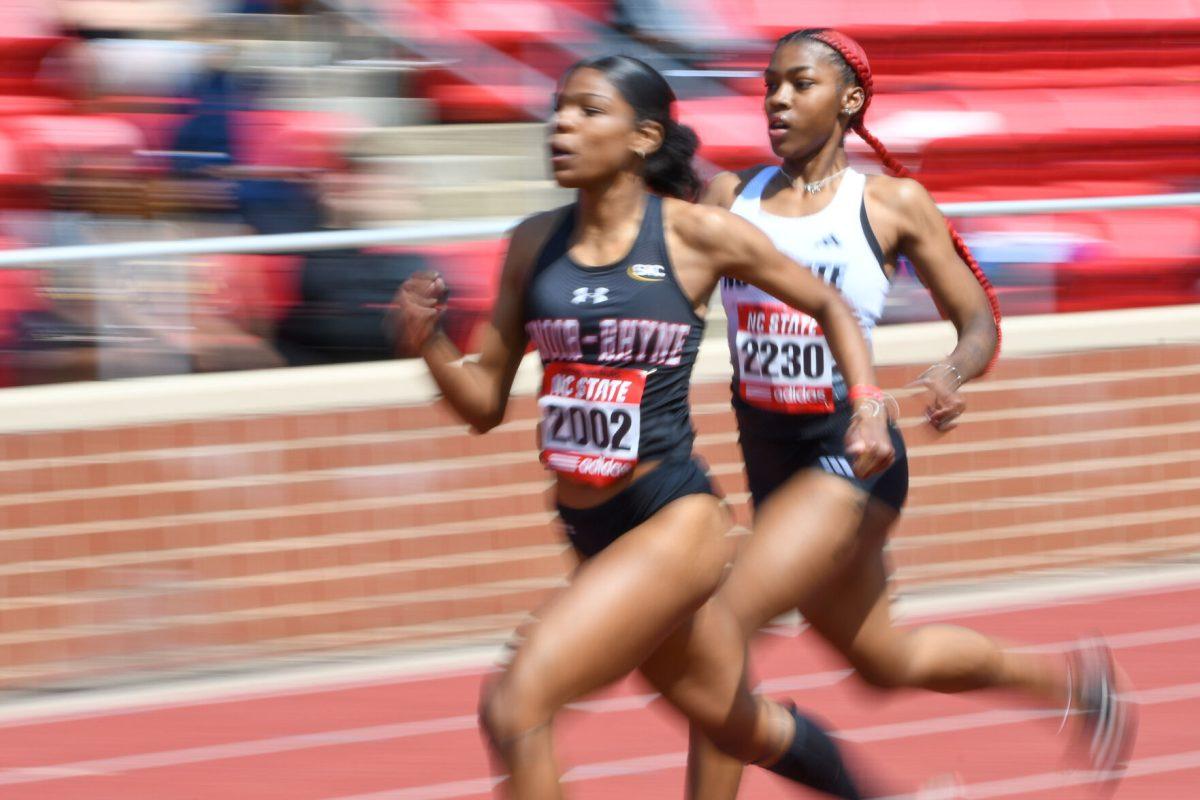 Sophomore sprinter Jordyn Parker races down the track during the Raleigh Relays track meet at the Derr Track and Field Facility on Friday, March 28, 2025. Parker finished second in her heat of the women's 400m with a time of 55.62, also marking a personal best.