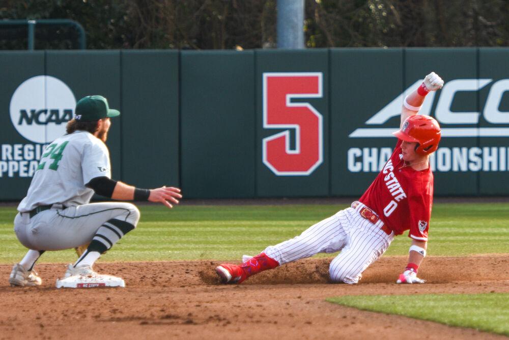 Sophomore infielder Luke Nixon slides into second base during the game against Wright State on Doak Field at Dail Park&#160;on Friday, March 7, 2025. Nixon scored two of the six runs. NC State won against Wright State 6-4.