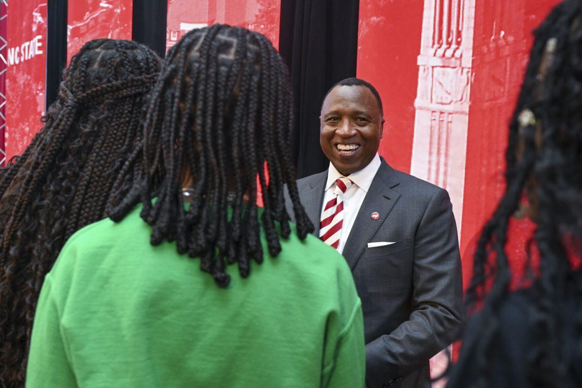 Chancellor-elect Kevin Howell talks to students during the new chancellor announcement in Talley Student Union on Tuesday, March 18, 2025. Howell will be the 15th chancellor of NC State and the first Black chancellor. Prior to being elected chancellor, Howell served as the chief external affairs officer at UNC Health and sat on the advisory board for NC State's Friday Insittute for Educational Innovation.