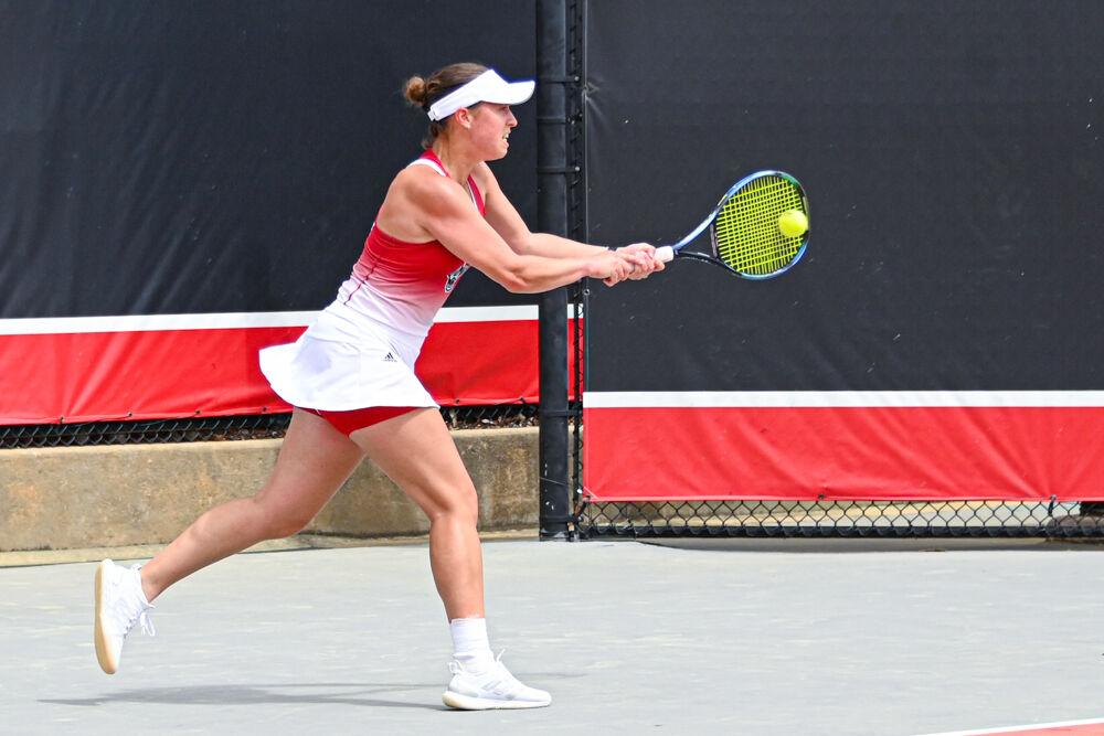 Junior Anna Zyryanova hits the ball during her singles match against Georgia Tech at J.W. Isenhour Tennis Center on Sunday, March 30, 2025. Zyryanova won her singles match 6-2, 6-3. The Wolfpack beat the Yellow Jackets 4-3.