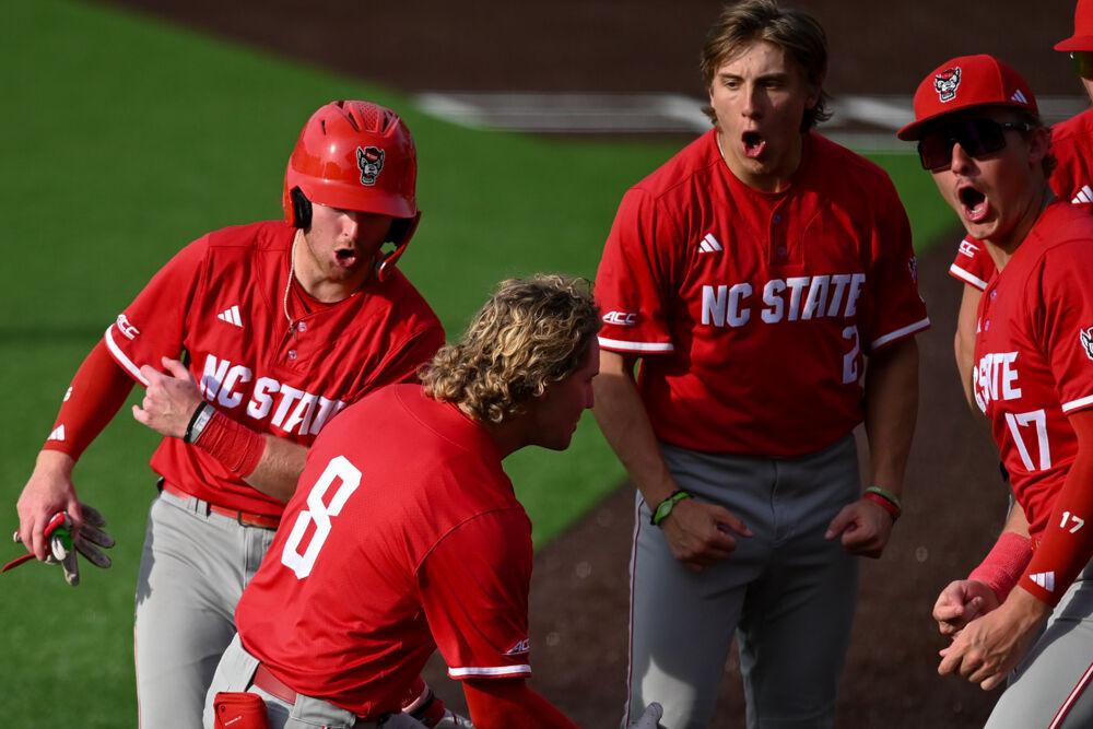 Senior infielder Justin DeCriscio celebrates with the team during the game against Duke at Jack Coombs Field&#160;on Saturday, March 29, 2025.&#160;DeCriscio had two doubles and a home run. NC State beat Duke 14-6.
