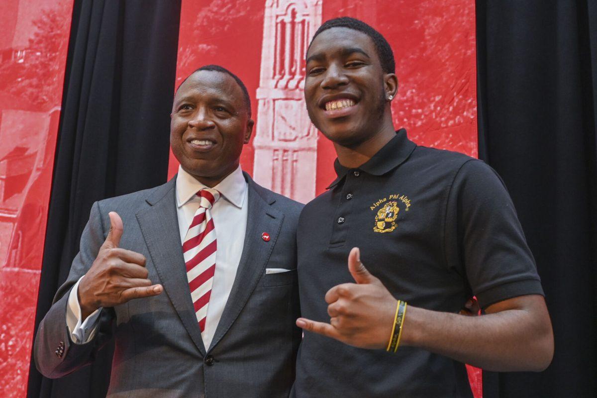 Chancellor-elect Kevin Howell poses for a picture with Kaleb Hall, a fourth-year studying communications, during the new chancellor announcement in Talley Student Union on Tuesday, March 18, 2025. Howell and Hall are both members of the Eta Omicron chapter of Alpha Phi Alpha Fraternity, Inc.