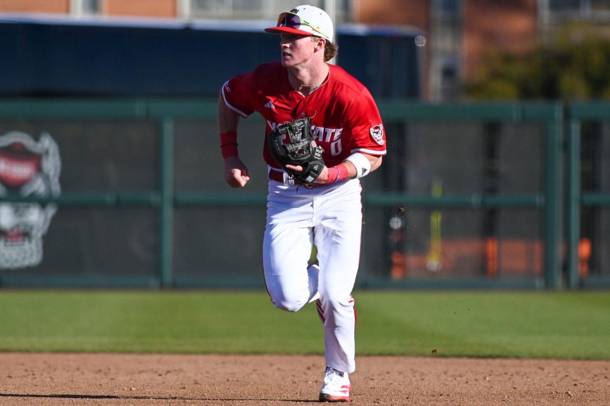 Sophomore infielder Luke Nixon runs to cover first base in the play during the game against Canisius at Doak Field at Dail Park on Feb. 28, 2025. Nixon accounted for two hits and one RBI. NC State beat Canisius 10-2 in the first game of the series.