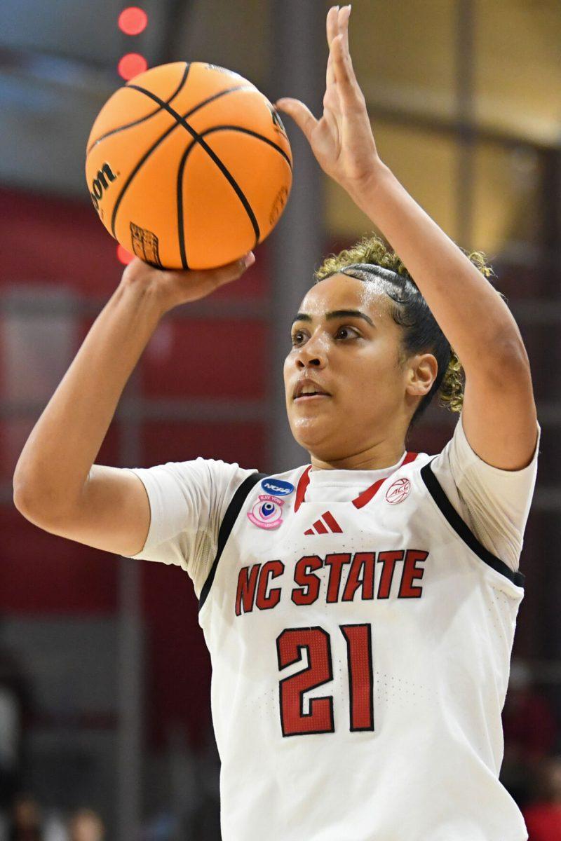 Graduate guard Madison Hayes shoots the ball during the first round game of the NCAA Tournament against Vermont in Reynolds Coliseum on Saturday, March 22, 2025. Hayes made 12 rebounds, one steal and one block, on top of scoring nine points. The Wolfpack beat the Catamounts 75-55.