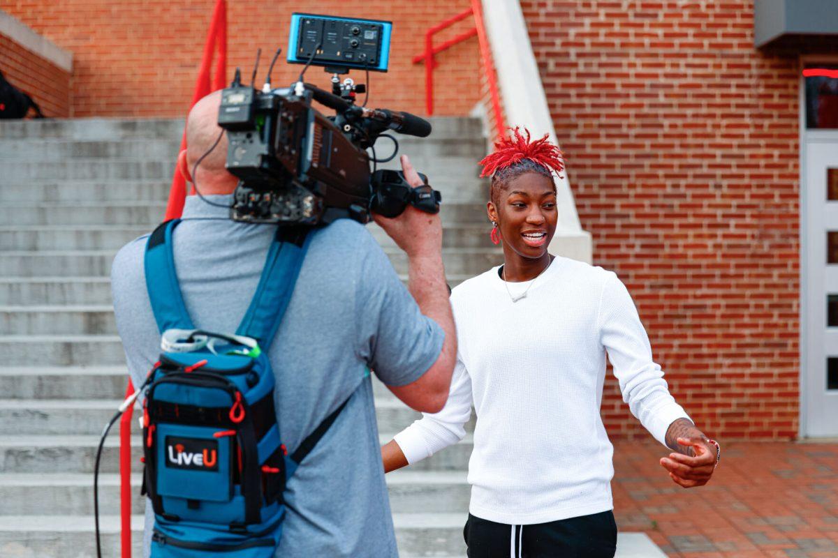 Senior guard Saniya Rivers soaks it all in during her interview after the teams welcome back to Reynolds Coliseum on Saturday, March 29. Rivers played in 35 games during her senior season averaging 11.9 points per game.