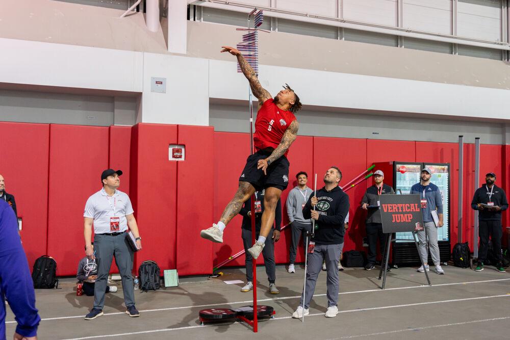 Graduate safety DK Kaufman completes the vertical jump during NC State football's Pro Day in the Close-King Indoor Practice Facility&#160;on Tuesday, March 25, 2025. NC State players performed various tasks in front of NFL scouts before the upcoming draft.