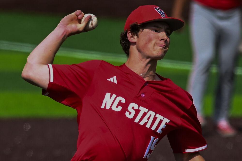 Sophomore pitcher Heath Andrews pitches the ball during the game against Duke at Jack Coombs Field&#160;on Saturday, March 29, 2025.&#160;Andrews had four strikeouts through four innings. NC State beat Duke 14-6.