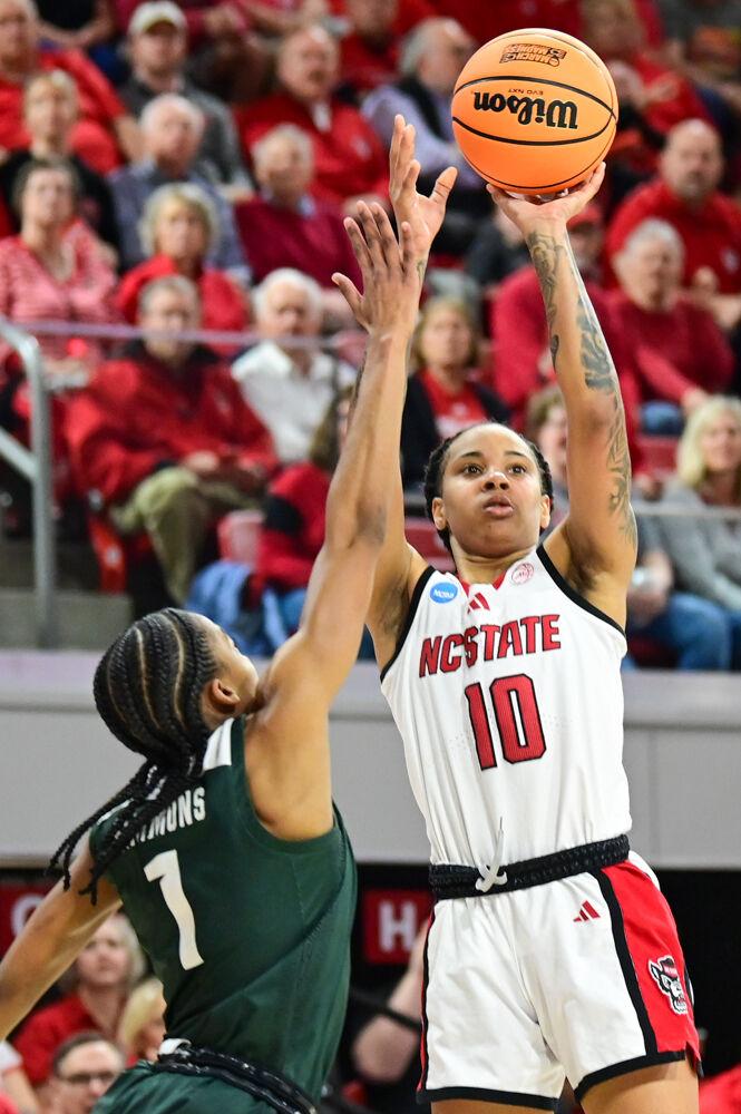 Senior guard Aziaha James shoots the ball during the second round game of the NCAA Tournament against Michigan State in Reynolds Coliseum on Monday, March 24, 2025. James led the team in points, scoring 26, and also made two blocks and six assists. The Wolfpack beat the Spartans 83-49.