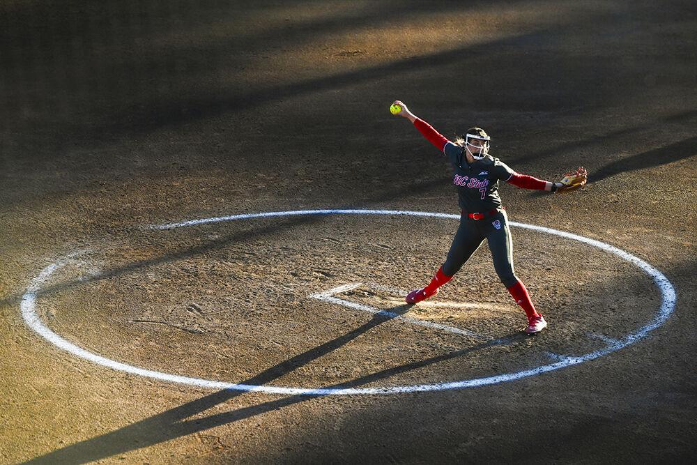 Junior pitcher Wynne Gore pitches the ball during the game against UNC-Wilmington at Dail Softball Stadium on Friday, Feb. 28, 2025. The Wolfpack lost to the Seahawks 5-4.