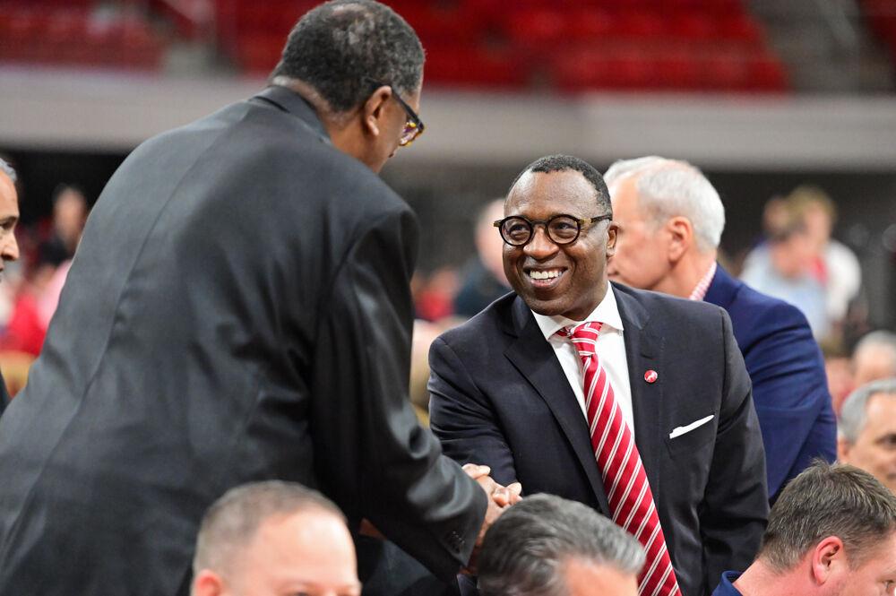 Chancellor-elect Kevin Howell shakes hands before the press conference introducing&#160;Will Wade as NC State men's basketball's 21st head coach in the program's history inside Reynolds Coliseum on Tuesday, March 25, 2025.