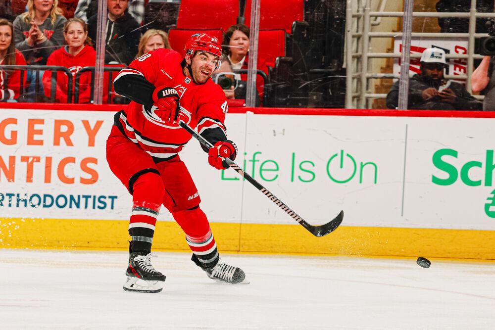 Left wing Jordan Martinook attemps a shot to tie up the game against the Nashville Predators while being down 1-0 at the Lenovo Center on Tuesday, March 25, 2025. The Hurricanes lost 3-1.