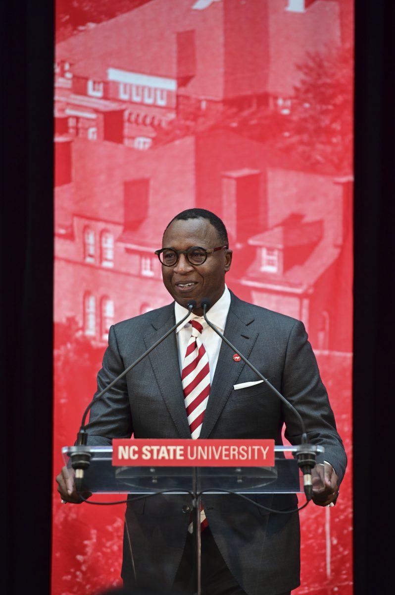 Chancellor-elect Kevin Howell looks into the audience after walking on stage during the new chancellor announcement in Talley Student Union on Tuesday, March 18, 2025. Howell will be the 15th chancellor of NC State and the first Black chancellor. "I'm humble, i'm excited and i'm ready," said Howell.