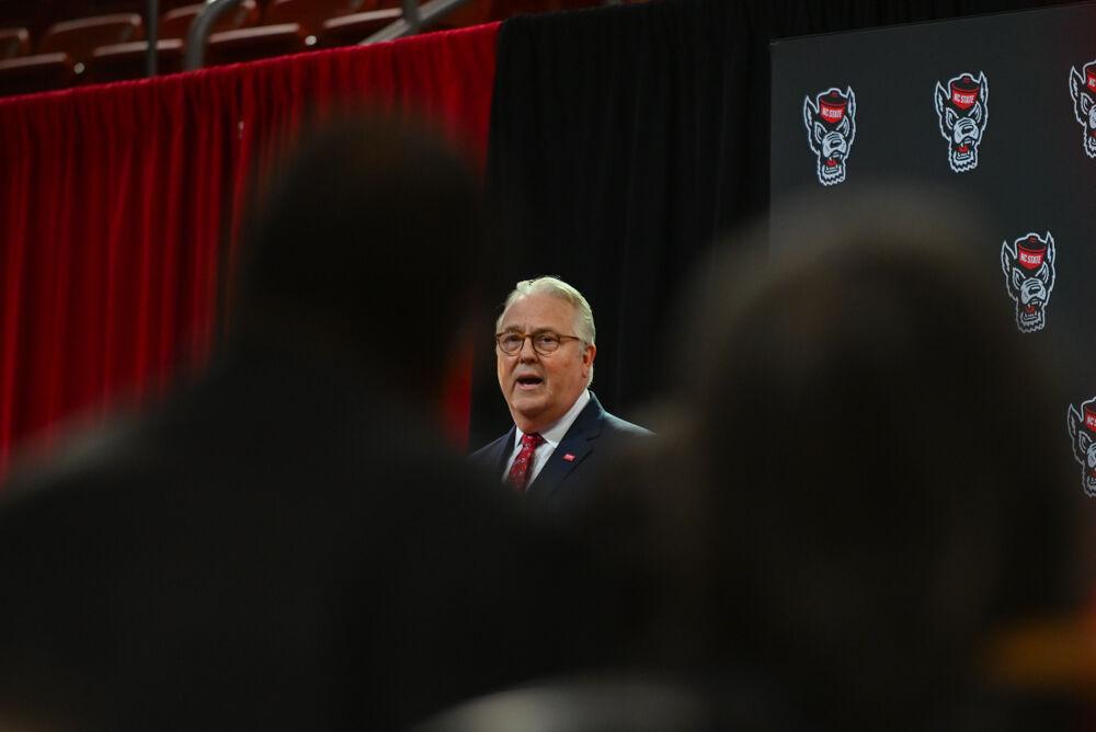 Randy Woodson gives his opening statement during Will Wade's introduction press conference in Reynolds Coliseum on Tuesday, March 25, 2025. The press confrence was held as an introduction for Coach Wade to NC States men's basketball team.