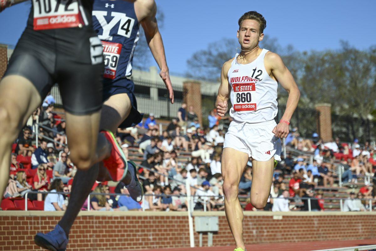 Graduate distance runner Brett Gardner finishes his second lap of the 1500m during the Raleigh Relays track meet at the Derr Track and Field Facility on Thursday, March 27, 2025. Gardner earned a personal best in the 1500m with a time of 3:42.18.