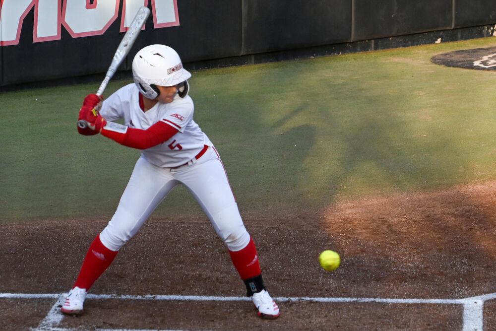 Freshman infielder Kendall Simmers allows a ball to pass while at bat during the game against UNC-Wilmington in Dail Softball Stadium on Saturday, March 1, 2025. Simmers was walked once. The Wolfpack beat the Seahawks 14-1.