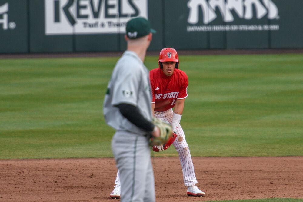Freshman outfielder Ty Head stares down the pitcher from second base during the game against Wright State on Doak Field at Dail Park on Friday, March 7, 2025. Head scored one of the six runs and had three at bats. NC State won against Wright State 6-4.