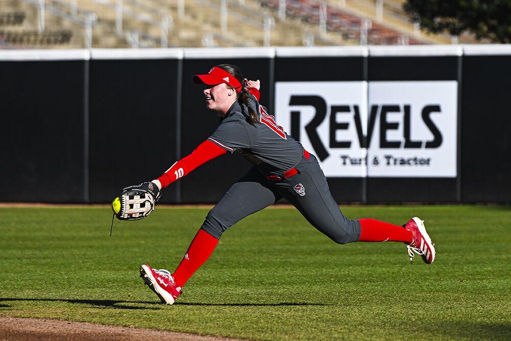 Junior outfielder Ellie Goins catches the ball during the game against UNC-Wilmington at Dail Softball Stadium on Friday, Feb. 28, 2025. NC State lost to UNC-Wilmington 5-4.