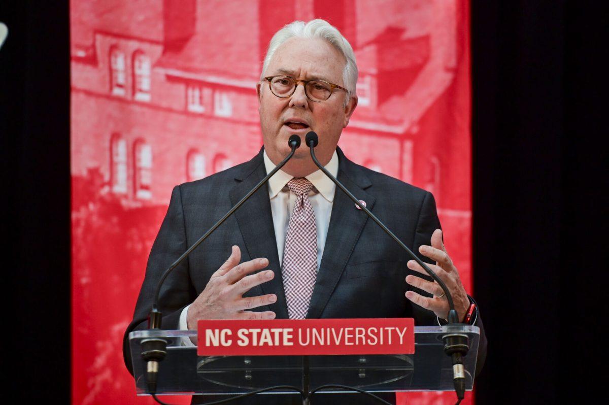 Chancellor Randy Woodson talks to the crowd during the new chancellor announcement in Talley Student Union on Tuesday, March 18, 2025. After serving as chancellor for 14 years, Kevin Howell takeover as the 15th chancellor.