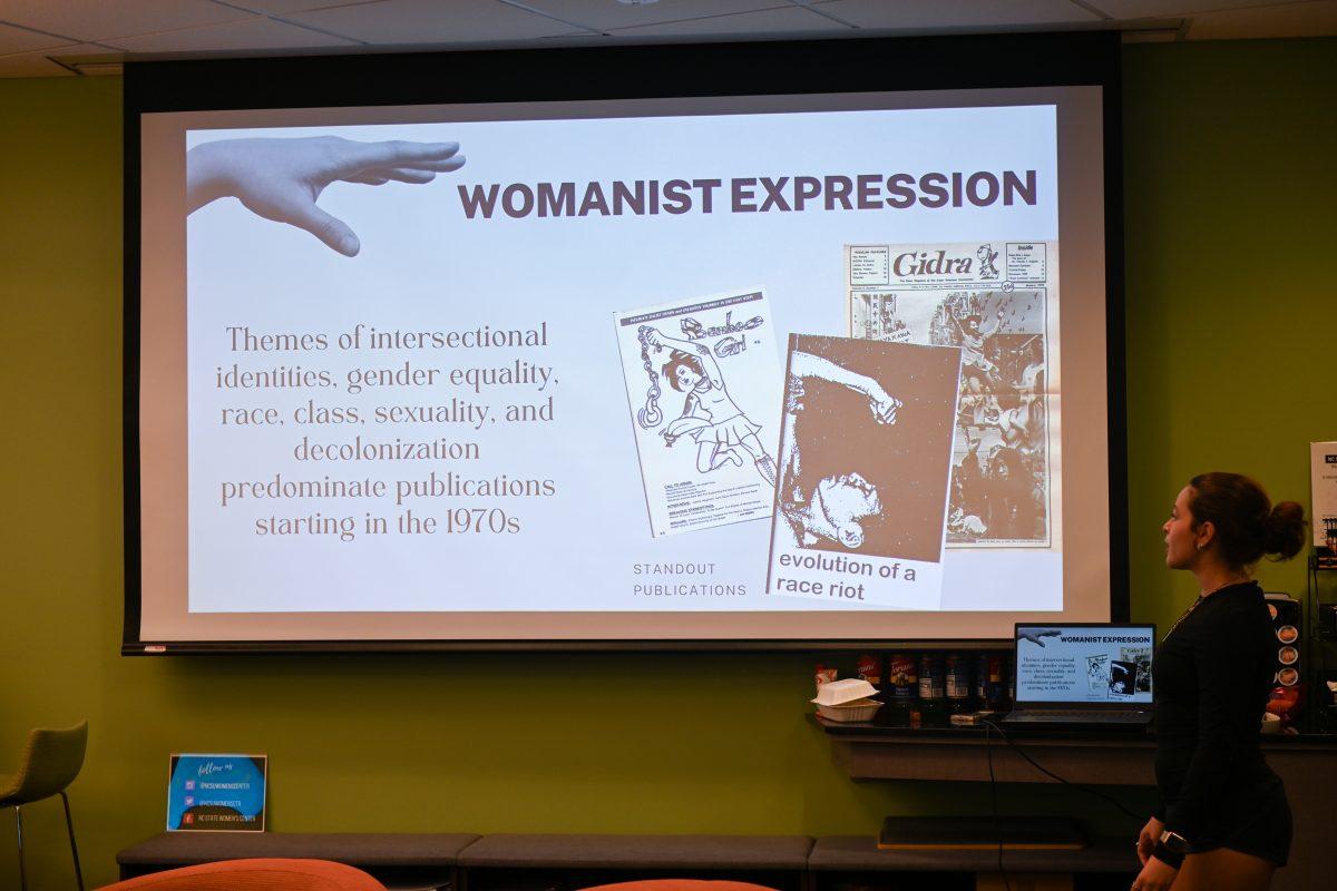 Valeria Gonz&#225;lez P&#233;rez, a fourth-year studying zoology, speaks during the Womanist History of Scrapbooks and Zines event in the Women's Center on Tuesday, March 25, 2025. The Women's Center's mission is to foster "a sense of community and belonging through intentional programming and services focused on supporting student success and retention."