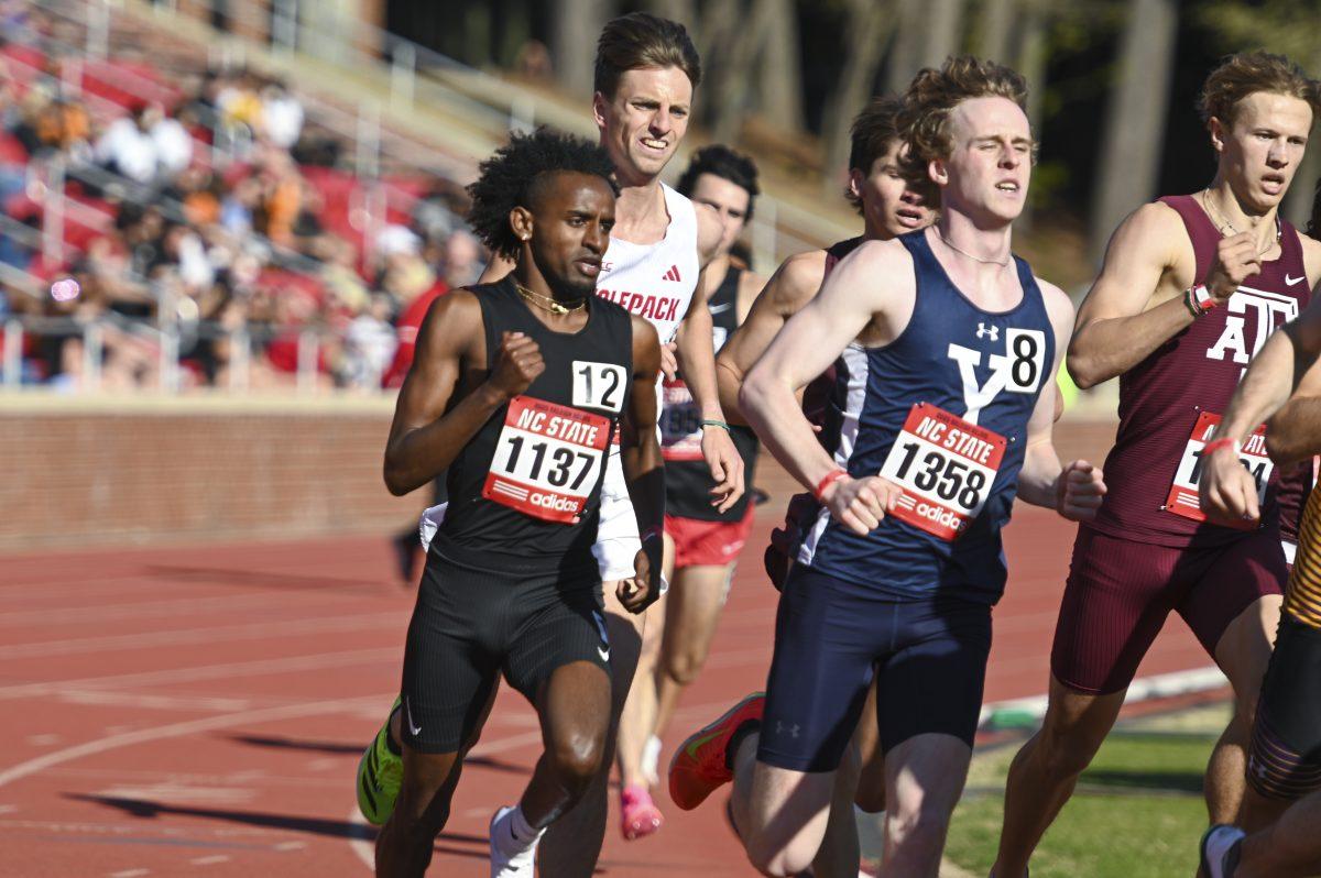 Sophomore distance runner Elliot McArthur runs around the corner during the Raleigh Relays track meet at the Derr Track and Field Facility on Thursday, March 27, 2025. McArthur finished in fifth in his heat of the 1500m with a time of 3:45.10.
