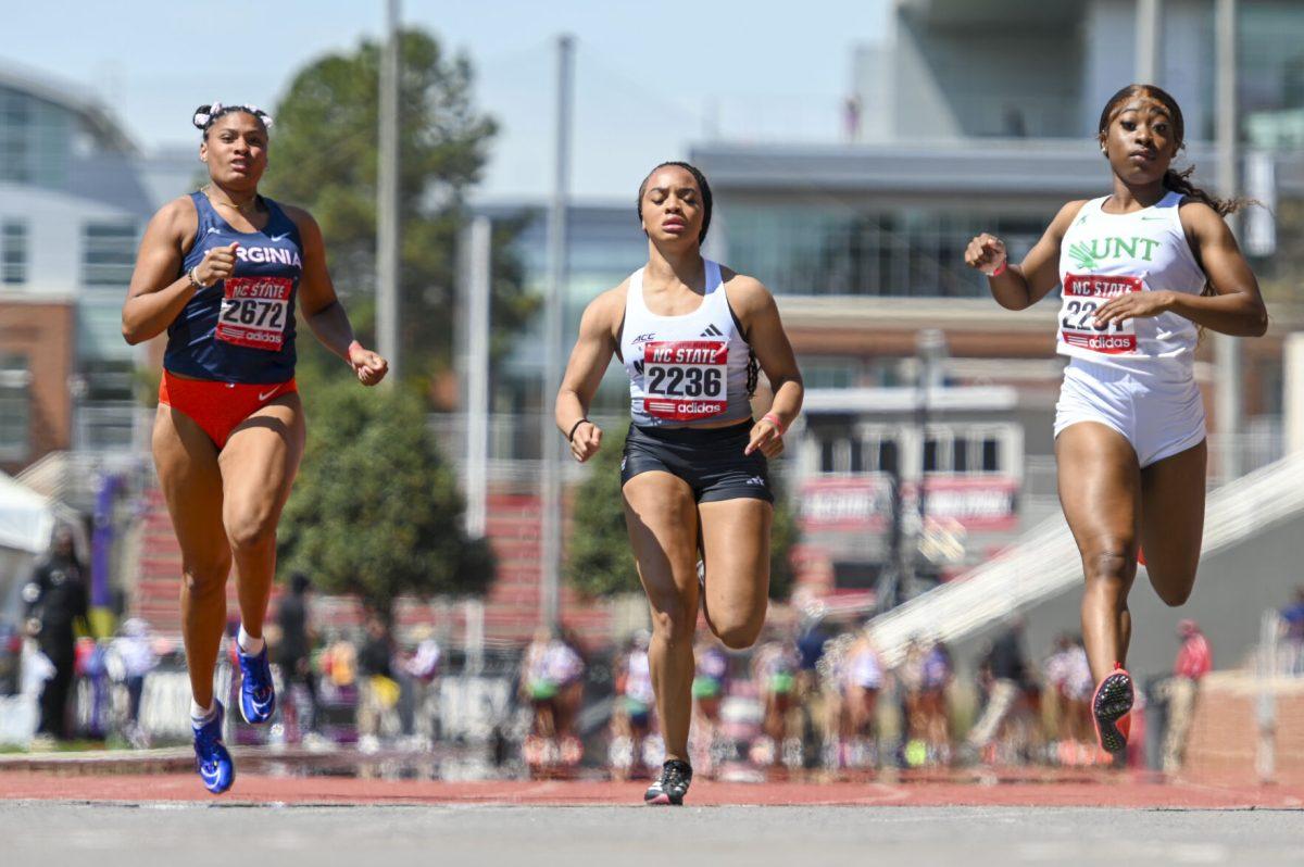 Freshman sprinter Jada Ray runs to the finish line during the Raleigh Relays track meet at the Derr Track and Field Facility on Friday, March 28, 2025. Ray ran a 12..01 in the 100m dash.