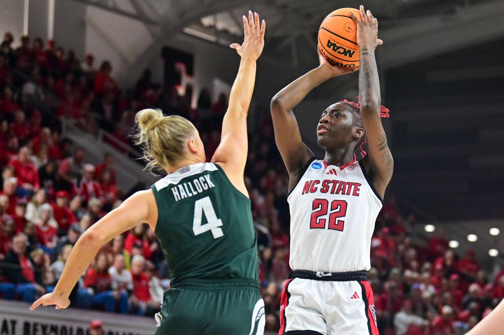 Senior guard Saniya Rivers shoots the ball during the second round game of the NCAA Tournament against Michigan State in Reynolds Coliseum on Monday, March 24, 2025. Rivers scored 17 points, on top of making 11 assists, eight rebounds, two steals and two blocks. The Wolfpack beat the Spartans 83-49.