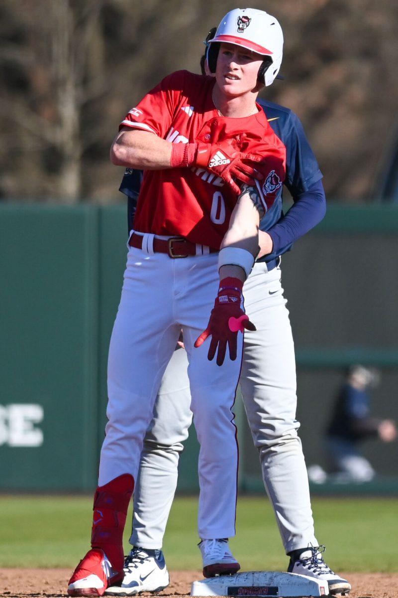 Sophomore infielder Luke Nixon celebrates after he gets to second base during the game against Canisius at Doak Field at Dail Park on Feb. 28, 2025. Nixon accounted for two hits and one RBI. NC State beat Canisius 10-2 in the first game of the series.