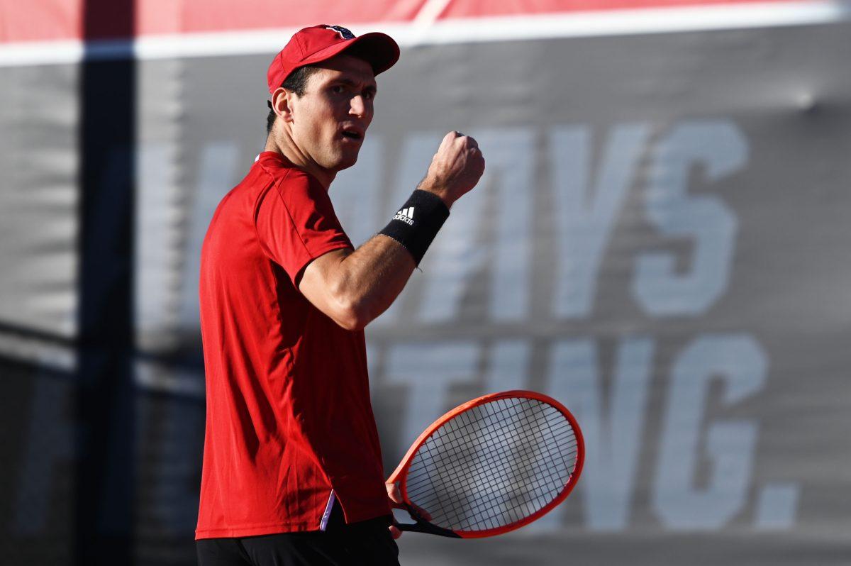 Senior Luca Staeheli celebrates during his doubles match with redshirt freshman Jules Leroux versus Cal at J.W. Isenhour tennis center on Friday, Feb. 28, 2025. Staeheli and Leroux's doubles match was unfinished. The Wolfpack beat the Golden Bears 4-2.