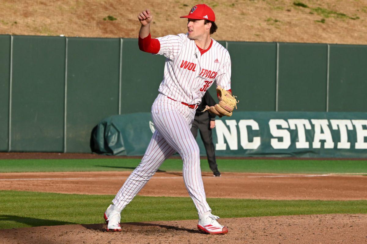 Sophomore pitcher Camden Wimbish delivers a pitch during the game against Campbell on Doak Field at Dail Park on Wednesday, March 5, 2025. The Wolfpack defeated the Fighting Camels 11-1. Wimbish struck out four batters.