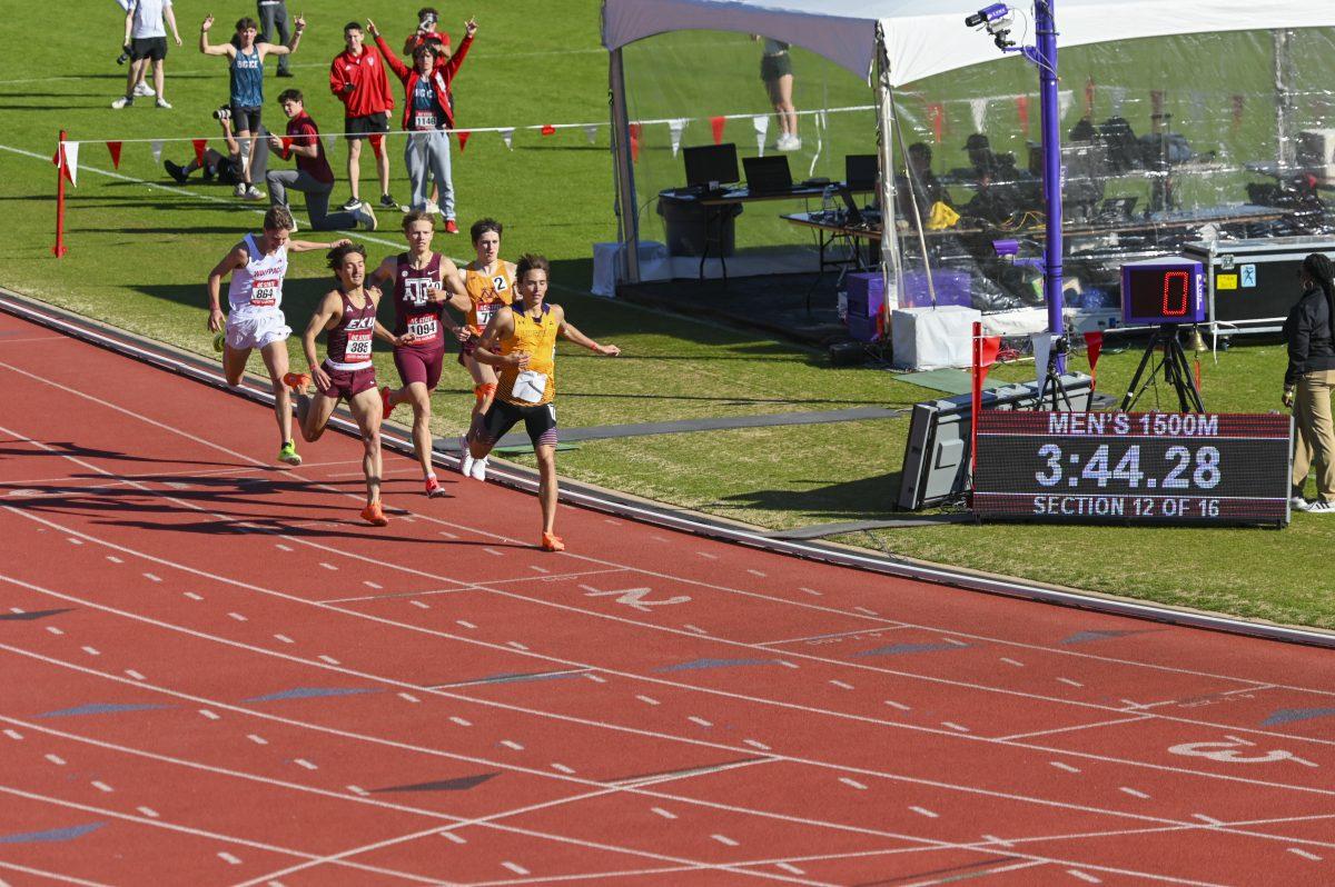 Sophomore distance runner Elliot McArthur crosses the finish line during the Raleigh Relays track meet at the Derr Track and Field Facility on Thursday, March 27, 2025. McArthur finished in fifth in his heat of the 1500m with a time of 3:45.10.