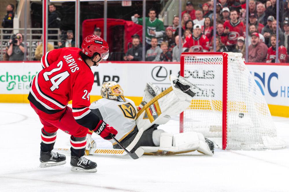 Center Seth Jarvis scores during the game against the Vegas Knights at the Lenovo Center on Friday, Jan. 17, 2024. The Hurricanes beat the Knights 3-2.