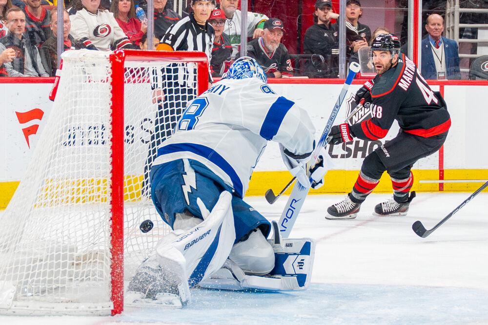 Winger Jordan Martinook scores during the game against the Tampa Bay Lightning at the Lenovo Center on Tuesday, March 11, 2025. Martinook had two shots on goal. The Hurricanes beat the Lightning 4-1.