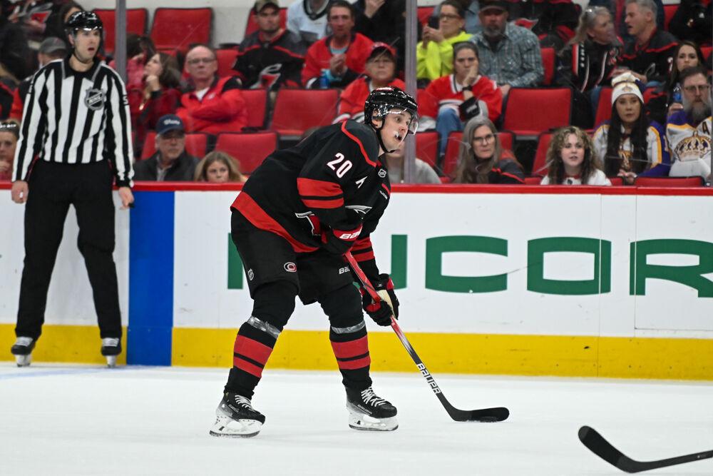 Forward Sebastian Aho prepares to pass the puck during the game against the Los Angeles Kings at the Lenovo Center on Saturday, Feb. 1, 2025. Aho had two shots on goal. The Hurricanes fell to the Kings 4-2.