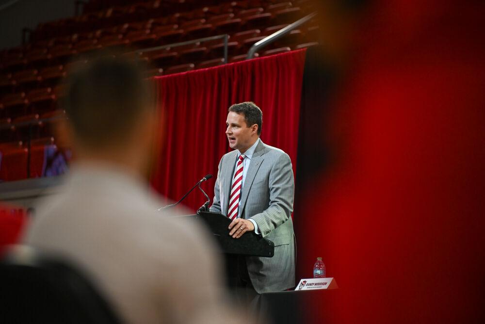 Will Wade presents during his introduction press conference in Reynolds Coliseum on Tuesday, March 25, 2025. The press confrence was held as an introduction for Coach Wade to NC States men's basketball team.