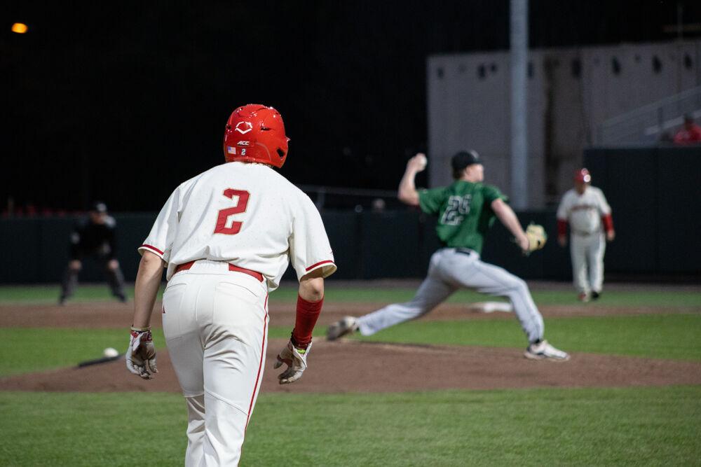 Junior outfielder Brayden Fraasman eyes the pitcher during the game against USC-Upstate on Doak Field at Dail Park on Tuesday, March 25, 2025. Fraasman scored one run during the game. The game ended in the eighth inning due to the mercy rule.&#160;The Wolfpack lost to the Spartans 15-5.