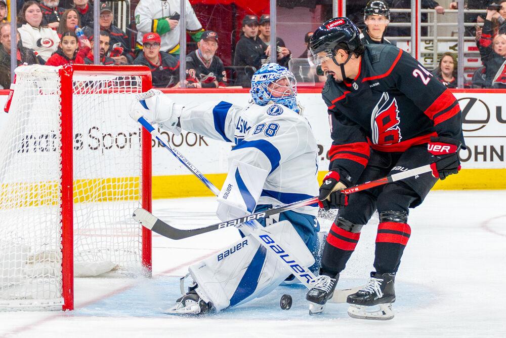 Center Seth Jarvis attempts to score during the game against the Tampa Bay Lightning at the Lenovo Center on Tuesday, March 11, 2025. Jarvis had four shots on goal. The Hurricanes beat the Lightning 4-1.