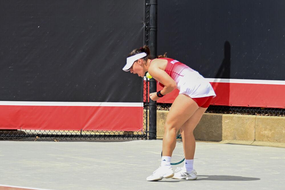 Sophomore Michaela Laki celebrates after scoring a point during her singles match against Georgia Tech at J.W. Isenhour Tennis Center on Sunday, March 30, 2025. NC State beat Georgia Tech 4-3.