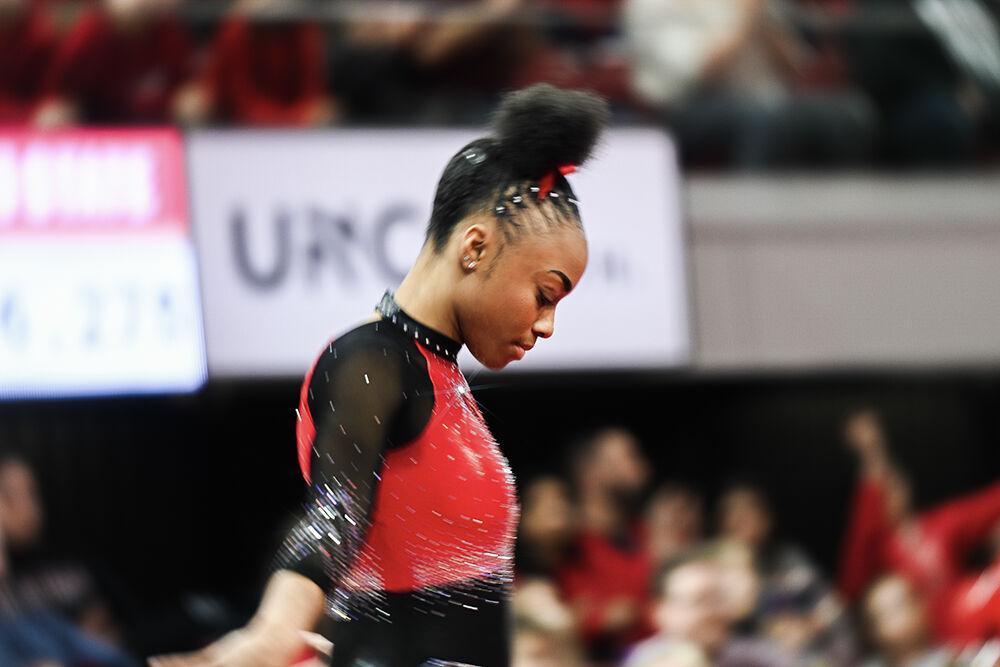 Sophomore Ashley Knight prepares for her floor routine during the meet against Ohio State in Reynolds Coliseum on Friday, March 7, 2025. Knight scored 9.900 in her floor routine. The Wolfpack defeated the Buckeyes 197.000-196.325.